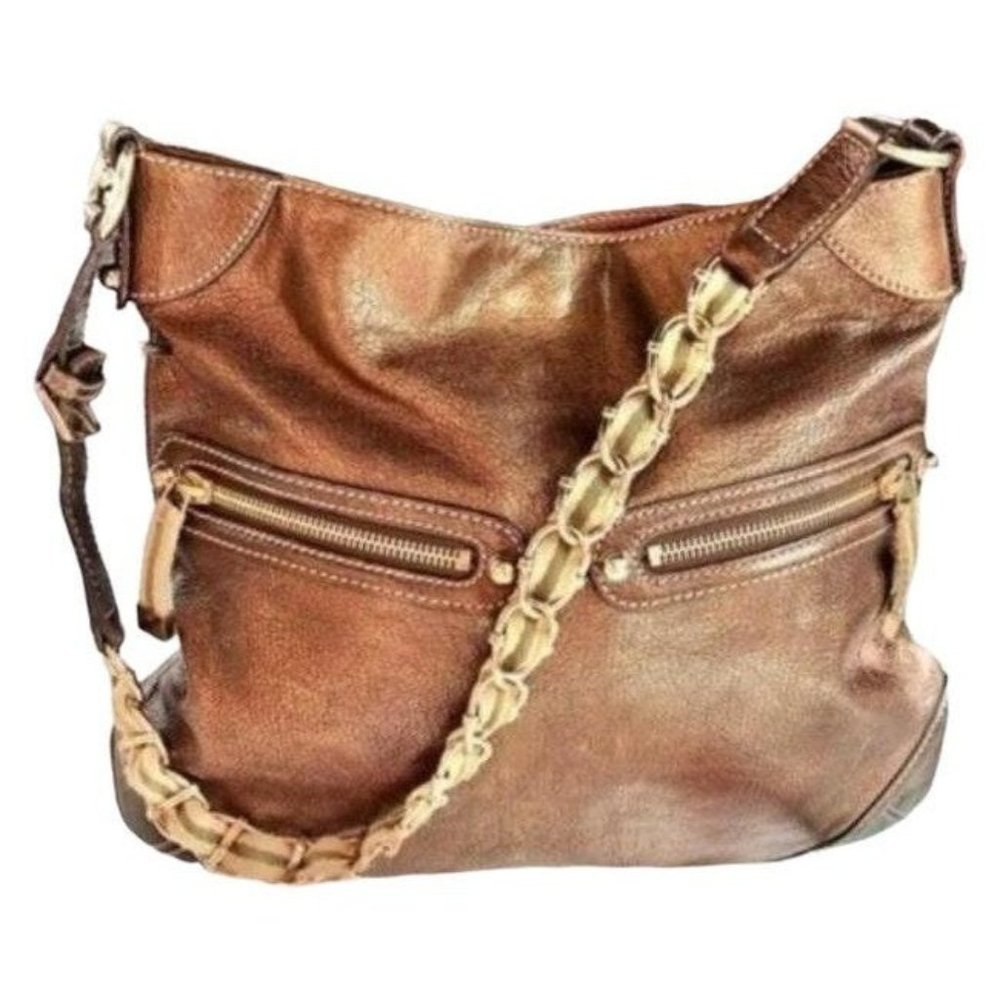 Gucci Rare Capri Ranch Kid Bronze Calfskin Leather Web Chain Italy Brown Hobo Ba